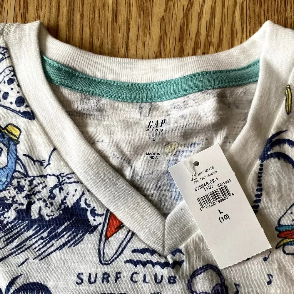GAP Kids Surf Club Good Vibes V-Neck Short Sleeve Pocket Tee White Large 10